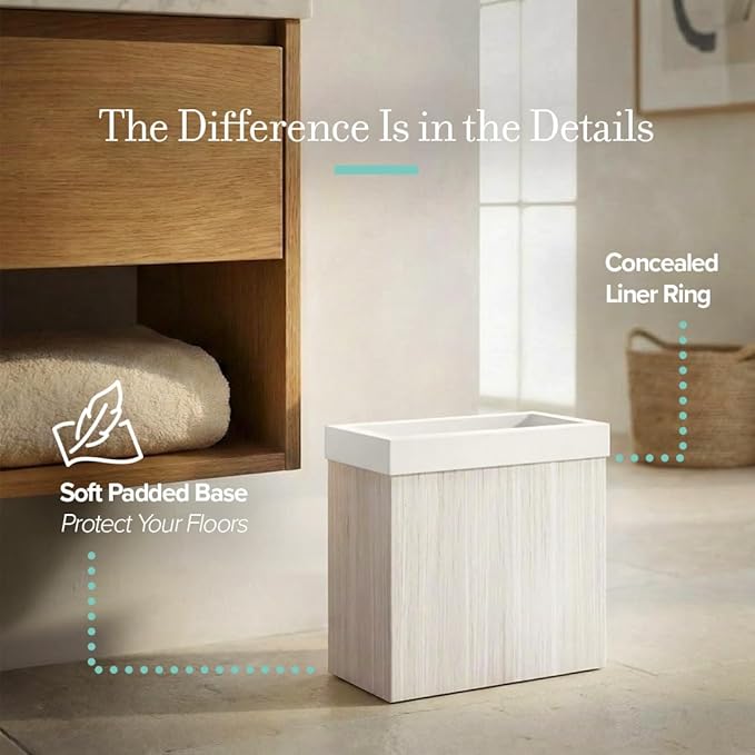 Gatco Small Bathroom Trash Can with Lid, Rectangle 3 Gallon Wastebasket, Under Sink, White Oak with Matte White, for Bathroom, Bedroom, Office (1943W)