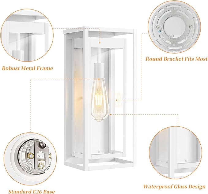 19" White Outdoor Light Fixture, 2 Pack Large Size Outdoor Sconce Lights with Clear Glass Shade, Waterproof Porch Lighting Exterior Light Fixture for Front Door, Garage