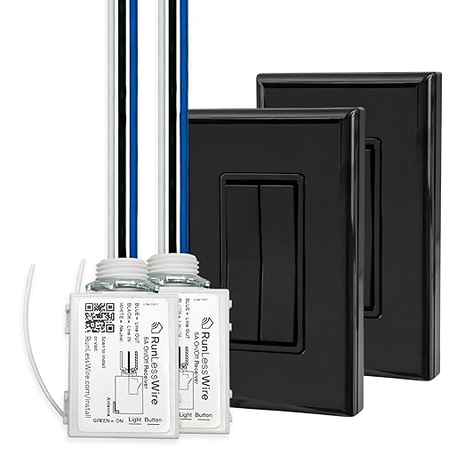 RunLessWire 3-Way Fan & Light Battery-Free DIY Kinetic Wireless Light Switch Kit for Bathrooms & Ceiling Fans: 2 Dual Remote Switches, Both Control 2 5A On/Off Receivers Separately Black