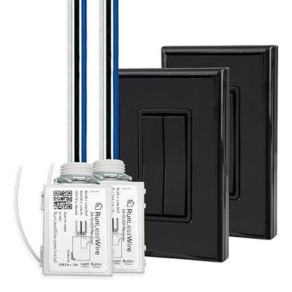 RunLessWire 3-Way Fan & Light Battery-Free DIY Kinetic Wireless Light Switch Kit for Bathrooms & Ceiling Fans: 2 Dual Remote Switches, Both Control 2 5A On/Off Receivers Separately Black