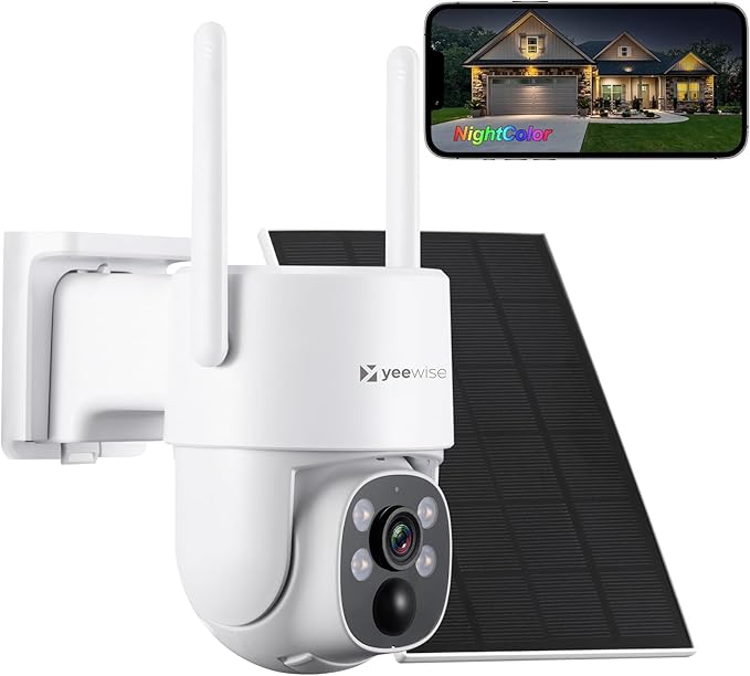 Yeewise 2K NightColor Solar Security Camera, Wireless Pan Tilt Battery Camera, Dual-Band Wi-Fi 6, Color Vision Day and Night, Smart PIR Detection, No Monthly Fee, Bluetooth Setup