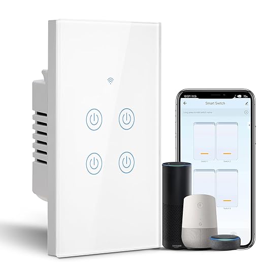 BSEED Smart Light Switch, 4 Gang WiFi Alexa Light Switch with Remote APP Control and Timing Function, Single Pole White Light Switches Work with Alexa, Google Assistant, Voice Control, Group Control