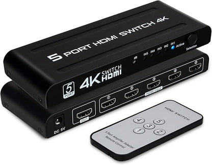 4K HDMI Switch 5 in 1 Out, 5 Port HDMI Switcher Selector Box with IR Remote Control & Auto Switch, Support 4K@30Hz, HDR, HDMI 1.4, HDCP, 3D, 1080P for HDTV PS3 PS4 Xbox Projector Blu-ray Player