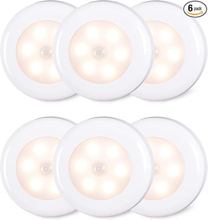 STAR-SPANGLED 6 Pack 2.8” Motion Sensor Lights Indoor AAA Battery Operated, Stick on LED Puck Light for Stairs, Under Cabinet, Closet, Warm White