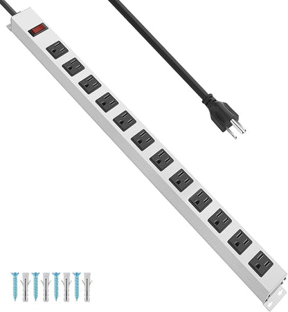 JUNNUJ Metal 12 Outlet Power Strip, Mountable Heavy Duty Power Strip, 1200J Surge Protector Wall Mount Screws Outlet with Switch, Gaming Desk Strips Wide Spaced 15A 125V 1875W, 15 FT 14AWG Power Cord