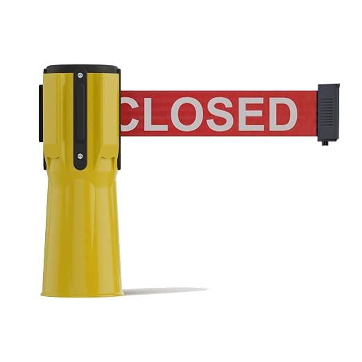 Trafford Industrial 11 Ft. Cone-Mounted Retractable Belt Barrier Yellow Case with Red"This LINE is Closed" White Letters Belt