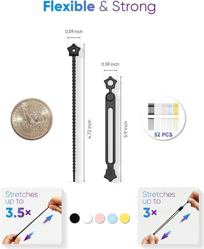Silicone Cable Ties 52PCS Reusable Cord Organizer for Home Travel | Cord Organizer for Charging Cables, Data Cables & Computer Wires, Multipurpose Elastic Cable Management Straps（White）