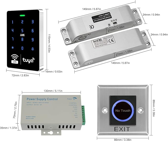 WiFi TUYA Complete Security Access Control System kit with Waterproof RFID Touch keypad Door Lock, smart Remote Door Opener app, Electric Mortise Lock, Metal Sensor Switch, doorbell, Keychain