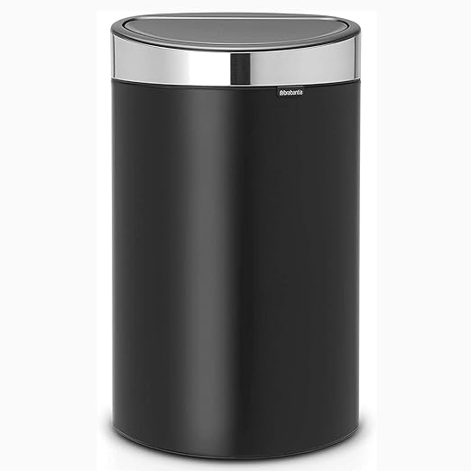 Brabantia Press-Top Kitchen Trash Can with Flat Back | Steel/Black | 10.6 Gallon / 40L | Home Trash Can with Soft-Touch Stay-Open Lid & Removable Inner Bucket | Fits Flat Against Walls | + Trash Bags