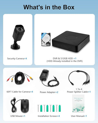 4CH 1080P Wired Security Camera System, AIWIXEN CCTV DVR with 512GB Hard Drive, 4 x Home Surveillance IP68 Waterproof Security Cameras with Human Vehicle Detection, Remote Access, 24-7 Recording