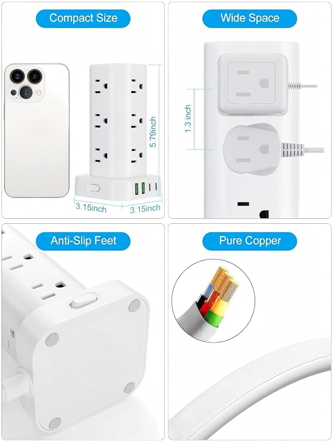 Power Strip Tower with Multiple Outlets, Flat Plug Surge Protector Tower Extension Cord with 12 AC Outlets 4 USB Ports (2 USB C), 15FT Cord Power Tower Surge Protector for Home Office Dorm Room, White