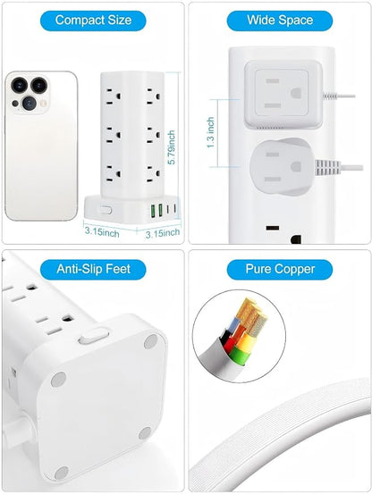 Power Strip Tower with Multiple Outlets, Flat Plug Surge Protector Tower Extension Cord with 12 AC Outlets 4 USB Ports (2 USB C), 15FT Cord Power Tower Surge Protector for Home Office Dorm Room, White