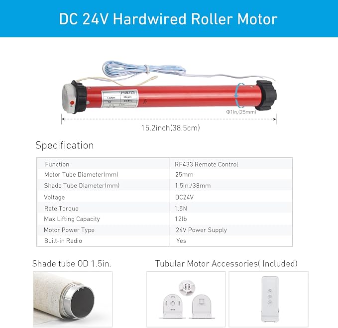 DIY 24V DC Tubular Roller Blind Motor Kit, EY2524 1.5N·m Smart Shade Motor with Remote Control, ONLY for 1‑1/2" (38mm) Shade Tubes, Requires External 24V Power Adapter, Not Rechargeable