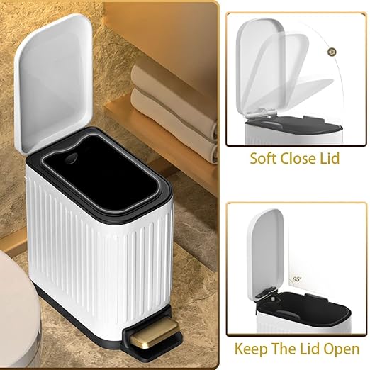 SIDIANBAN Bathroom Trash Can with Lid Soft Close and Foot Pedal, Small Rectangular Slim Garbage Can with Inner Wastebasket for Bedroom, Office, Kitchen, 1.6Gal/6L (White)