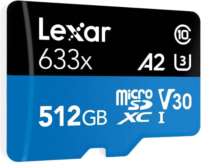Lexar High-Performance 633x 512GB microSDXC UHS-I Card w/ SD Adapter, C10, U3, V30, A2, Full-HD & 4K Video, Up To 100MB/s Read, for Smartphones, Tablets, and Action Cameras (LSDMI512BBNL633A)
