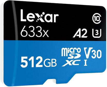 Lexar High-Performance 633x 512GB microSDXC UHS-I Card w/ SD Adapter, C10, U3, V30, A2, Full-HD & 4K Video, Up To 100MB/s Read, for Smartphones, Tablets, and Action Cameras (LSDMI512BBNL633A)