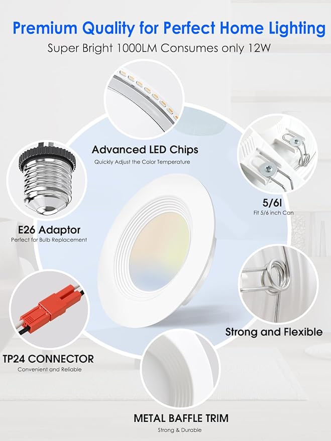 Energetic 5/6 Inch LED Recessed Lighting, 1000LM, 5000K Daylight Downlight, 12W=150W, Dimmable LED Can Light, Simple Retrofit Installation, IC & Wet Rated, FCC & ETL Listed, 12 Pack
