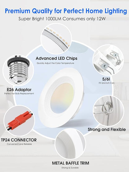Energetic 5/6 Inch LED Recessed Lighting, 1000LM, 5000K Daylight Downlight, 12W=150W, Dimmable LED Can Light, Simple Retrofit Installation, IC & Wet Rated, FCC & ETL Listed, 12 Pack