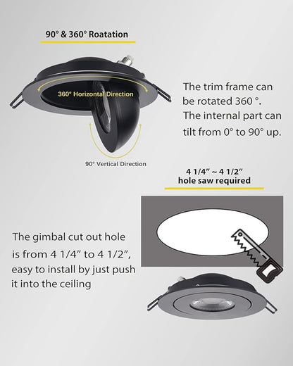 POPANU Gimbal LED Recessed Light - 4 Inch Black 9W 360° Rotation Directional Adjustable Eyeball Sloped Ceiling Recessed Lighting 4 inch Light Wafer Soffit Indoor Spotlight Canless Black 4 inch 6 Pack