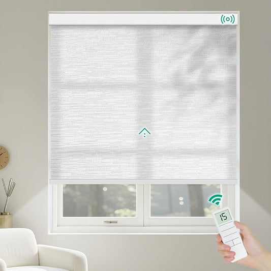 Motorized Roller Shades, Light Filtering Remote Control Custom Window Shades Compatible with Alexa Google Assistant via RF Hub, Rechargeable Electric Blinds for Windows (Texture White)