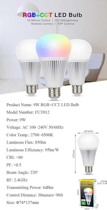 LGIDTECH FUT012 Miboxer 9W RGBWW Smart 2.4GHz RF LED Light Bulb E26,RGB+CCT Color Changing & Temperature Adjustable with Memory.Smartphone APP Control via WL-Box2 Gateway(Sold Separately)