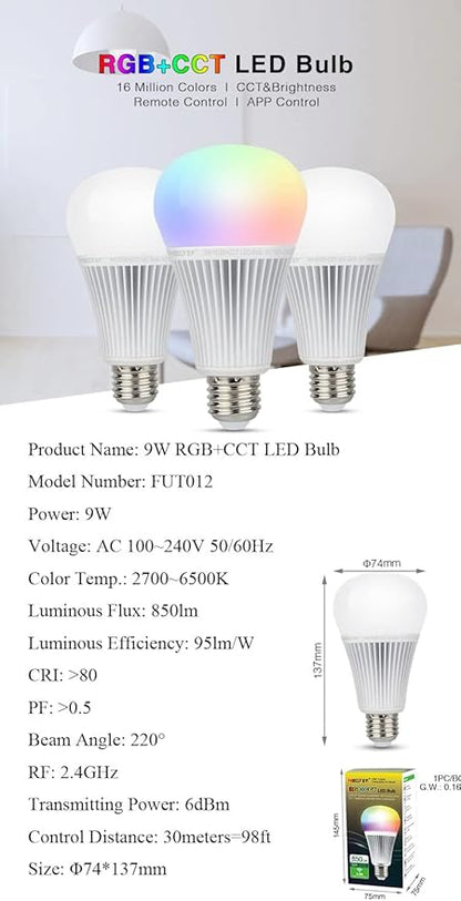 LGIDTECH FUT012 Miboxer 9W RGBWW Smart 2.4GHz RF LED Light Bulb E26,RGB+CCT Color Changing & Temperature Adjustable with Memory.Smartphone APP Control via WL-Box2 Gateway(Sold Separately)