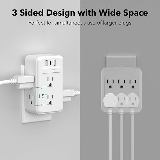 BN-LINK Multi Plug Outlet 2 Pack, 6 Wall Outlet Extender with 3 USB Charging Ports (1 USB C) Total 3.4A, 3-Sided Outlets Splitter Multiple Outlet Wall Plug for Home Office Dorm Room