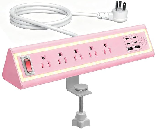 Desk Clamp Power Strip with Nightlight, 40W Fast Charging, 10FT Extension Cord, 4x20W USB-C & 2 USB Ports, 5 AC Outlets, Fits 1.69-Inch Table Edges