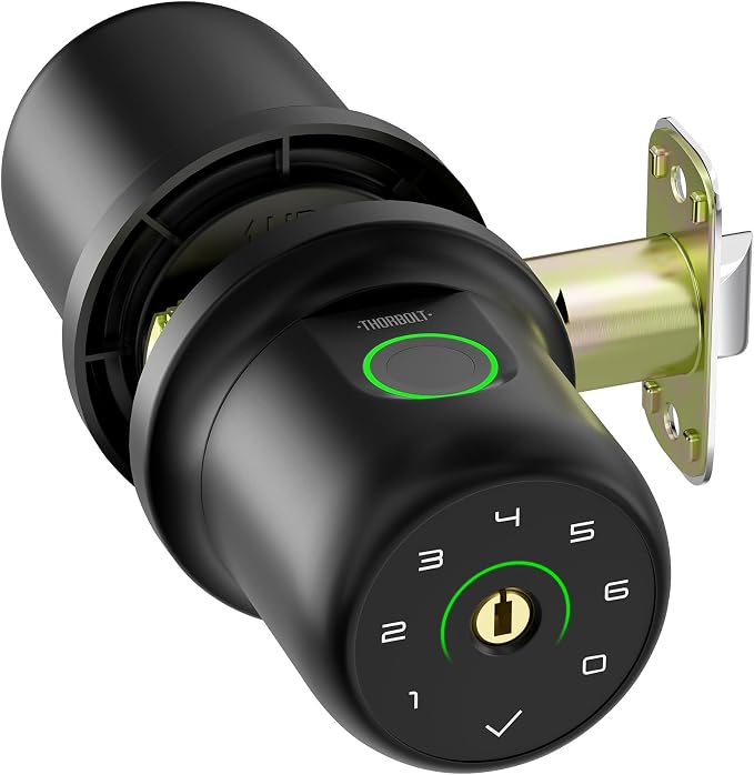ThorBolt G1 Fingerprint Door Knob Lock with Keypad, Black | 4x AAA Alkaline Batteries, Biometric, Electric, Auto-Lock, for Bedroom, Garage, Office, Pantry Door, Interior Door Lock