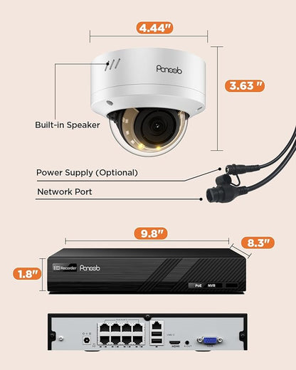 4K Home Security Camera System, 4pcs 8MP Wired IP Vandal IK10 Dome Cameras Outdoor, AI Person Vehicle Detection, Smart Color Night Vision, 2 Way Audio, 4K 8CH NVR with 2TB HDD, PD54Y0408-8M