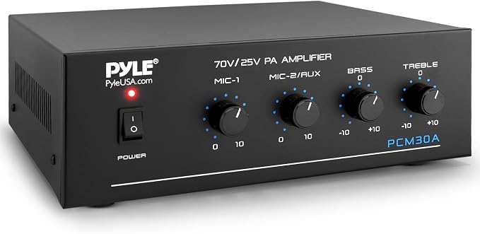 Pyle Compact 60 Watt Power Amplifier - Office, Home, Public Address System w/ RCA, 2 Microphone IN, 25/70 Volt Outputs, LED, Input Selector, Mic Talkover, Telephony, Music On Hold - PCM30A