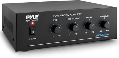Pyle Compact 60 Watt Power Amplifier - Office, Home, Public Address System w/ RCA, 2 Microphone IN, 25/70 Volt Outputs, LED, Input Selector, Mic Talkover, Telephony, Music On Hold - PCM30A