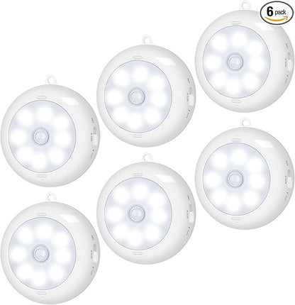 BLS Motion Sensor Light Indoor, Wireless LED Night Light, Under Cabinet Lighting, Battery Powered Puck Lights for Closet, Kitchen, Stairs, Wall, AA Battery Operated, Stick on, Dimmable, White, 6 Pack