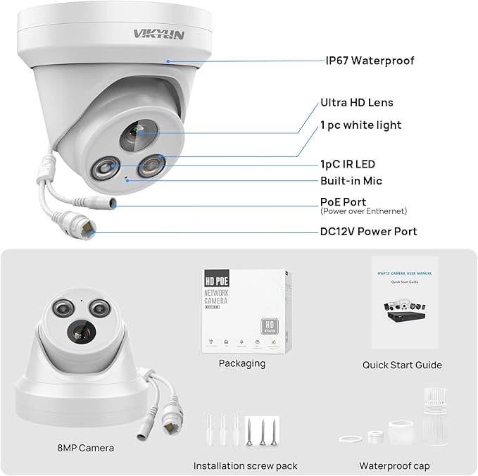 VIKYLIN 4K 8MP PoE IP Camera Outdoor, Smart Dual Light with AI Color Night Vision, Human/Vehicle Detection, 2.8mm Lens Wide Angle, Full Metal Housing, Built-in Mic, 120dB WDR, IP67NDAA Compliant