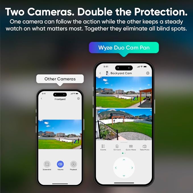 WYZE Duo Cam Pan Indoor/Outdoor IP65 2K 360° Pan/Tilt Smart Home Security Camera with Color Night Vision, Compatible with Alexa & Google Assistant, White (Renewed)