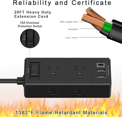 20Ft Extension Cord Flat Plug Power Strip - Tcstei 3-Side Outlet Extender with 6 AC Outlets and 3 USB Ports (1 USB C), Compact for Home, Office, Dorm Room Essentials, Black