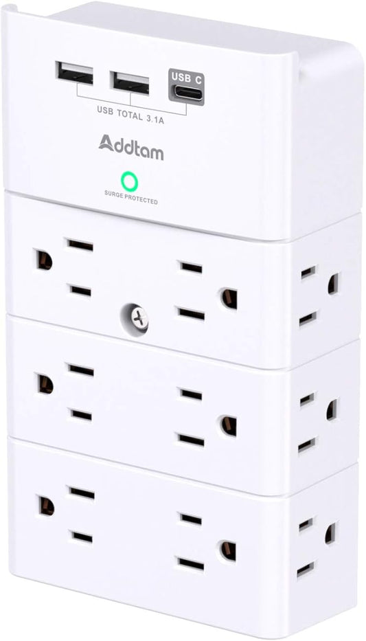 Addtam Multi Plug Wall Outlet, Surge Protector Wall Mount with 12 Outlet Extender 4 Sides and 3 USB Ports (1 USB-C), Outlet Splitter Power Strip for Home Office Dorm Room Essentials, White