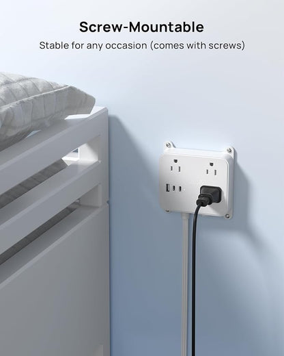 TROND Flat Outlet Cover Extension Cord, 3 AC Widely Spaced with 2 USB C | 5FT Plug Concealer Power Strip, Wall Mount Behind TV, Hidden Under In-Drawer Desk Cabinet Vanity Counter