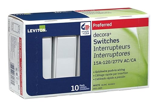 Leviton 5601-2WM 15 Amp, 120/277 Volt, Decora Rocker Single-Pole AC Quiet Switch, Residential Grade, Grounding, 10-Pack, White