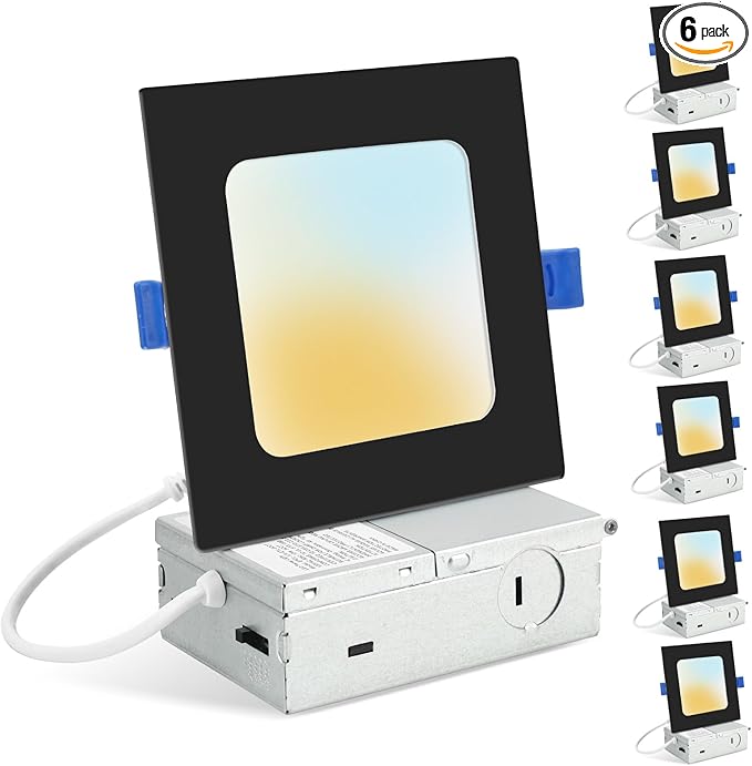 HONZIN 6 Pack 6 Inch Square Recessed Lighting, 5CCT Ultra Thin Square Recessed LED Downlight with Junction Box, 2700K/3000K/3500K/4000K/5000K Selectable, Dimmable,15W, Canless IC Rated, Black Trim