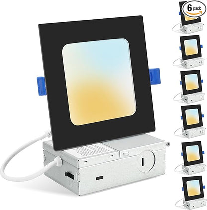HONZIN 6 Pack 6 Inch Square Recessed Lighting, 5CCT Ultra Thin Square Recessed LED Downlight with Junction Box, 2700K/3000K/3500K/4000K/5000K Selectable, Dimmable,15W, Canless IC Rated, Black Trim