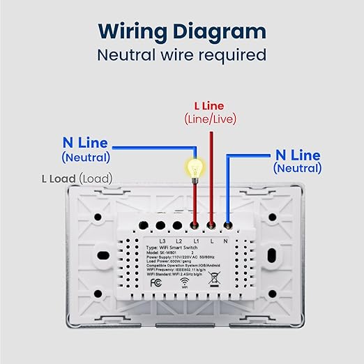 Smart Switch Aluminum Frame,2.5D Glass Panel,4.65 X 2.83 X 1.26 Inches,Need Neutral Wire,2.4GHz WiFi,Work with Tuya/Smart Life,App/Voice Control,White 1 Button