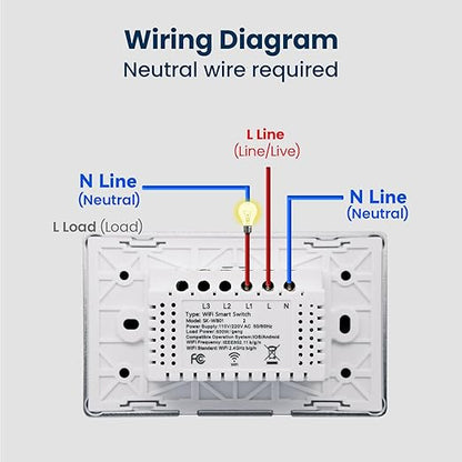 Smart Switch Aluminum Frame,2.5D Glass Panel,4.65 X 2.83 X 1.26 Inches,Need Neutral Wire,2.4GHz WiFi,Work with Tuya/Smart Life,App/Voice Control,White 1 Button