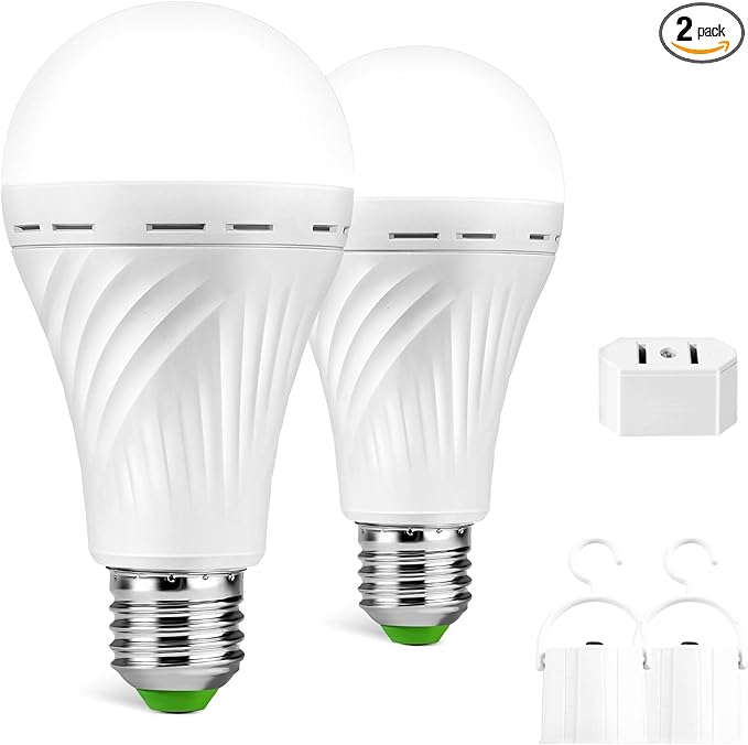 Emergency-Rechargeable-Light-Bulb, Stay Lights Up When Power Failure, 1500mAh 12W 60W Equivalent LED Light Bulbs for Home, Camping, Hiking (E27, with Hook,with Plug Cap) 2 Pack