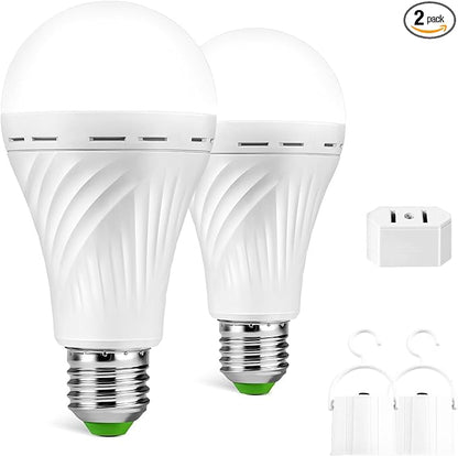 Emergency-Rechargeable-Light-Bulb, Stay Lights Up When Power Failure, 1500mAh 12W 60W Equivalent LED Light Bulbs for Home, Camping, Hiking (E27, with Hook,with Plug Cap) 2 Pack