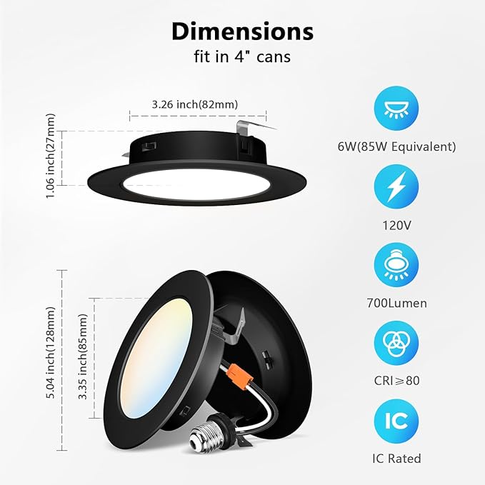 LVWIT Black LED Recessed Light 4 Inch, Can Lights Color Selectable 2700/3000/4000/5000/6000K 5CCT, 6W=85W,700LM,Dimmable Downlight with E26 Conversion Kit, 6 Pack,IC Rated