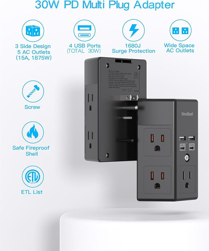 One Beat Surge Protector Wall Outlet Extender, 5 Outlets & 4 USB Ports (30W USB-C PD), 1680J, 3-Sided Multi Plug Outlet Adapter, Outlet Splitter, Wall Mount, ETL Listed for Home Office Travel-Black