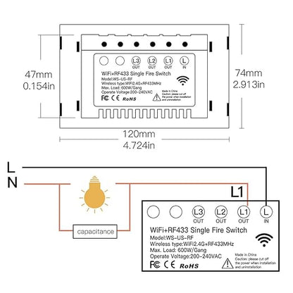 MOES Touch Wall Single Live Wire Smart Switch，No Neutral Wire Needed, 2.4GHz WiFi RF433 Light Switch Works with Smart Life/Tuya App, Alexa and Google Home, Single Pole 110V, White 2 Gang