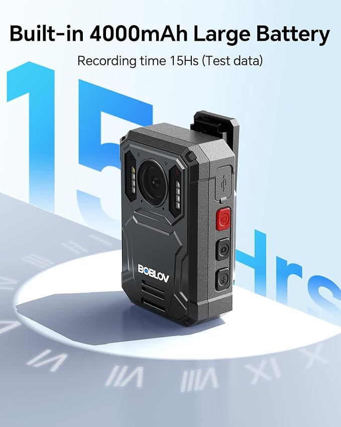 BOBLOV KJ23Pro 4K Body Camera, 128GB Body Camera with Night Vision, 4000mAh Battery for 15 Hours Continuous Recording, IP66 Waterproof Design for Law Enforcement, Security, and Outdoor Work（4K 128GB）