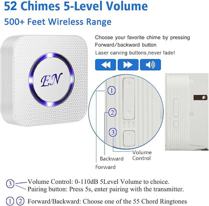 Wireless DoorBell Chime, Door Sensor Alarm When Open for Kids Safety, Home and Business, 500 FT Range, 58 Ringtones, 5 Adjustable Volume, On/Off Switch